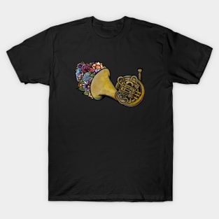 French Horn Lover Floral Band Art T-Shirt